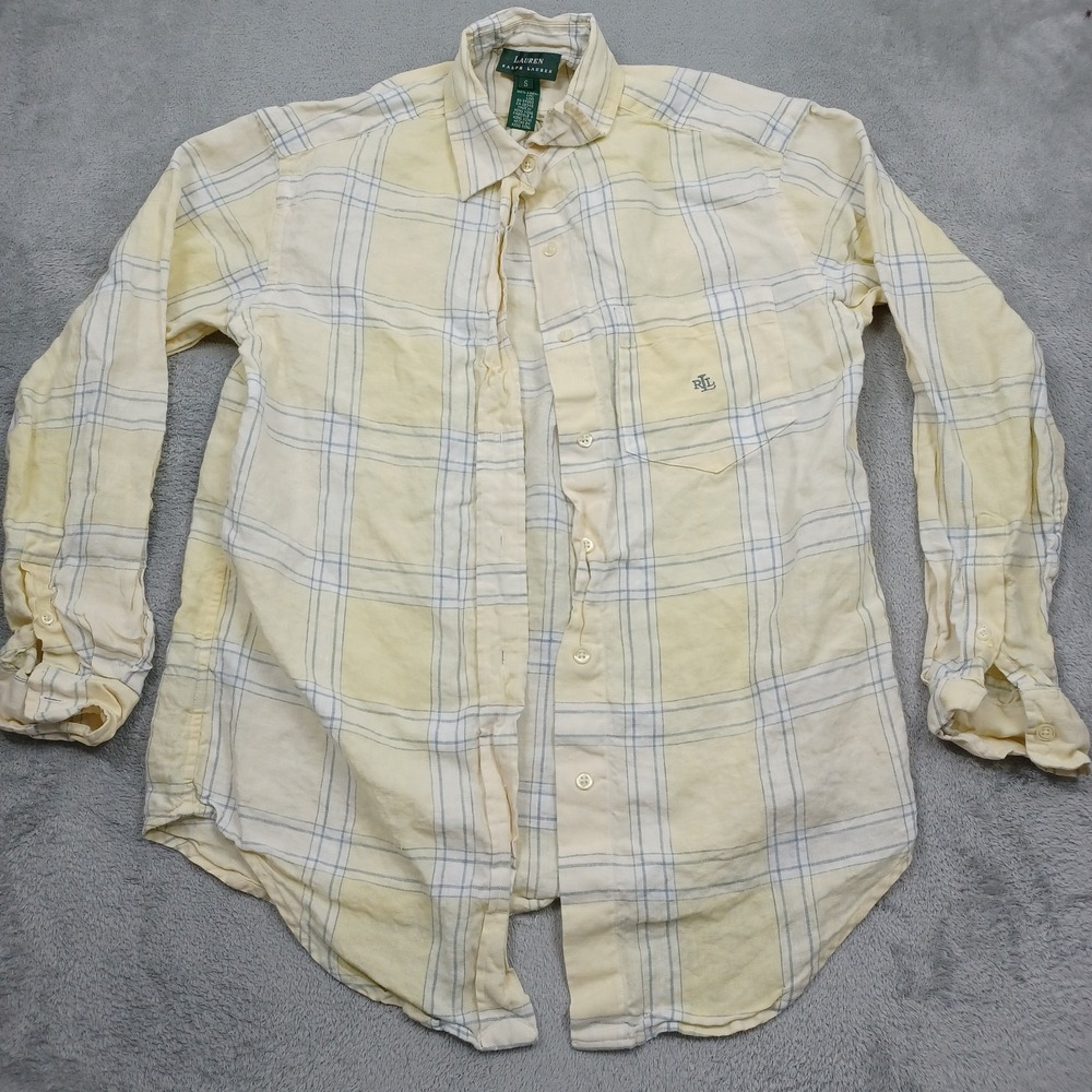 Vintage Lauren Ralph Lauren Top Womens Small Yellow Plaid Linen Button Up